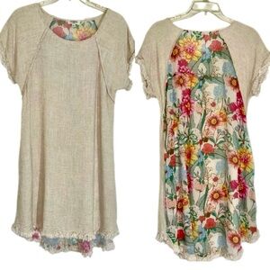 Umgee Beige Mini Linen Dress with High Low Ruffle Fringe and Floral Print